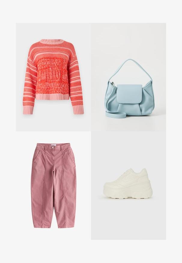 Raudonas ir rožinis megztinis su tekstūruotais raštais, horizontaliomis juostelėmis, apvalia iškirpte ir mezginiais rankogaliais bei apačia.; Rožinės medvilnės kelnės su aukštu liemeniu, priekinėmis kišenėmis ir siaurėjančiomis kojomis. Yra matoma siūlė ir mygtuko sagtis liemyje.; Baltos platformos sportbačiai su lygiu odos primenančiu paviršiumi, apvalia forma, paminkštintu apykakle ir tekstūruotu guminiu padu su ryškiais protektoriais.; Šviesiai mėlynas odinis rankinės maišas su viršutiniu rankenėle, priekinė kišenė su užklotu ir nuimamu riešo dirželiu ant baltos fono.