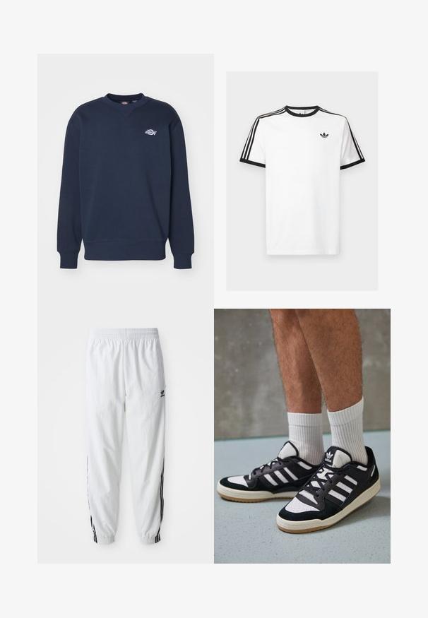 Tengerészkék pamut keverék pulóver; jellemzői a kerek nyakú, hosszú ujjú, bordázott mandzsetta, és egy kis fehér logó a mellkason.; Fehér pamut póló fekete bordázott nyakkivágással és ujjakkal, mindkét vállán három fekete csíkkal és egy kis logóval a mellrészén.; Fehér sportnadrág fekete oldalsávokkal, rugalmas derékrésszel és mandzsettákkal; az Adidas logó a bal combján található. Sima szövettextúra.; Fekete-fehér tornacipők velúr és bőr felsőrésszel, három fehér csíkkal, perforált orral és gumi talppal.