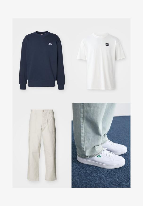 Sweatshirt azul marinho feito de uma mistura de algodão; apresenta um decote arredondado, mangas longas, punhos canelados e um pequeno logótipo branco no peito.; T-shirt branca em algodão com mangas curtas e decote redondo; apresenta um pequeno logótipo retangular preto da Nike Air no lado esquerdo do peito.; Calças largas em bege claro, feitas de algodão. Apresentam bolsos frontais e fecho com botão. Textura suave com linhas verticais subtis.; Tênis de couro brancos com logo verde da Nike, bico redondo, sola plana, combinados com calças de denim azul claro, exibidos sobre um tapete azul.