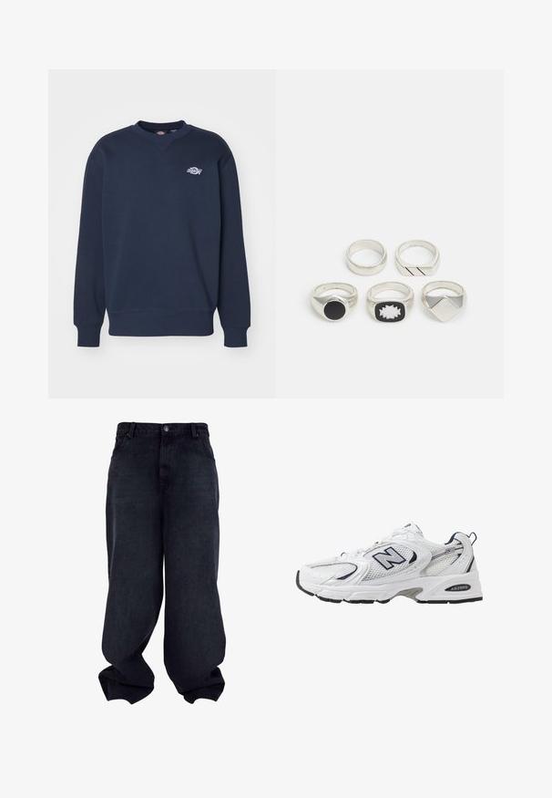 Tengerészkék pamut keverék pulóver; jellemzői a kerek nyakú, hosszú ujjú, bordázott mandzsetta, és egy kis fehér logó a mellkason.; Fekete, bő szárú farmernadrág, sima textúrával, öt zsebbel és gombos záródással. Relaxált szabással és taperelt szegéllyel rendelkezik.; Fehér sportcipő hálós felsőrészével, sötétkék kiegészítőkkel és párnázott talppal. Jellemzője az "N" logó, a fűzők és a textúrázott részlet az oldalon.; Öt ezüstgyűrű: az egyik fekete kör alakú díszítéssel, a másik fehér és fekete geometriai mintával, a többi pedig különböző formájú és felületű.