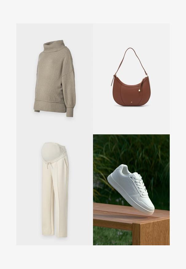 Svijetlosivi pleteni pulover s visokim rebrastim ovratnikom i rebrastim manšetama. Labav kroj s mekanom teksturom, uz spuštene ramene šavove.; Svijetlosmeđe trudničke hlače s rastezljivim pojasom, detaljem na vezivanje i dva bočna džepa. Napravljene su od mekane, rastezljive tkanine.; Bijela tenisica sa glatkim sintetičkim gornjim dijelom, perforiranim prednjim dijelom, ravnim vezicama i teksturiranom potplatom, prikazana na drvenoj površini.; Smeđa torba od umjetne kože s zakrivljenim oblikom, minimalnim šavovima i zlatnim metalnim detaljima. Ima zatvaranje na gornjoj strani sa patentnim zatvaračem i podesivu naramenicu.