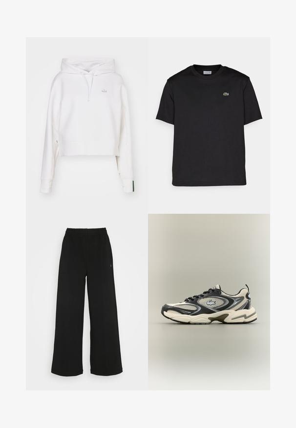 Baltas trumpas džemperis, pagamintas iš medvilnės ir poliesterio mišinio, su šoniniu užtrauktuku, raukšlėtomis rankovėmis ir mažuoju išsiuvinėtu logotipu ant krūtinės.; Juodas medvilnės marškinėlis su apykakle, trumpomis rankovėmis ir maža žalia siuvinėta logotipu kairėje krūtinės pusėje. Paprastas dizainas.; Juodi plačios kojų kelnės su elastinga liemene. Pagamintos iš minkštos, lengvos medžiagos. Yra vertikalūs siūlai priekyje.; Juodos ir smėlio spalvos tinklelio sportbačiai pasižymi paminkštintu apykakle, tekstūruotu viršumi ir išryškintu logotipu šone. Išmanus dizainas su išlenktu padais.