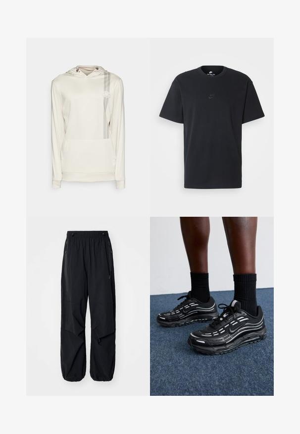 Hanorac bej deschis dintr-un material neted. Are o buzunar frontal, glugă cu șnur și o dungă verticală gri cu un accent de logo.; Tricou din bumbac negru Nike, cu guler rotund clasic, mâneci scurte și un logo subtil embosat pe piept. Textură netedă.; Pantaloni cargo ușori negri, cu talie elastică, fermoare laterale și buzunare încăpătoare. Au un croi lejer și manșete evazate.; Pantofii negri Nike au un superior din plasă cu dungi accentuate, șireturi texturate și o talpă din cauciuc negru. Purtați cu șosete negre cu model rib.