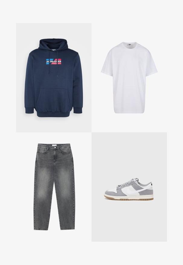 Sudadera con capucha de color azul marino, material de mezcla de algodón, bolsillo canguro, con el logo en blanco y colorido "JACK&JONES" en el pecho.; Camiseta blanca de algodón con mangas cortas, cuello redondo, corte relajado y sin logotipos ni patrones visibles. Textura suave y diseño minimalista.; Jeans de cintura alta y corte holgado en denim negro desgastado. Con cinco bolsillos, pasadores para el cinturón y un diseño de pierna recta y limpia.; Zapatilla gris y blanca con parte superior de ante y cuero, puntera redondeada, cordones planos y suela de goma con un acento de goma.