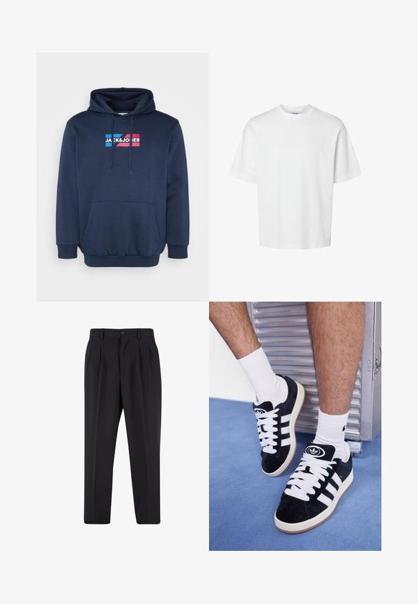 Sudadera con capucha de color azul marino, material de mezcla de algodón, bolsillo canguro, con el logo en blanco y colorido "JACK&JONES" en el pecho.; Camiseta blanca de algodón con mangas cortas, escote redondo y un corte relajado. Textura suave sin patrones o acentos visibles.; Pantalones negros con un diseño de frente plisado, hechos de una tela suave. Cuentan con un cierre de botón y pasadores para cinturón; corte recto.; Zapatillas de ante negras con cordones blancos y tres rayas blancas. Presentan un logotipo circular negro en la lengüeta y una suela de goma color caramel.