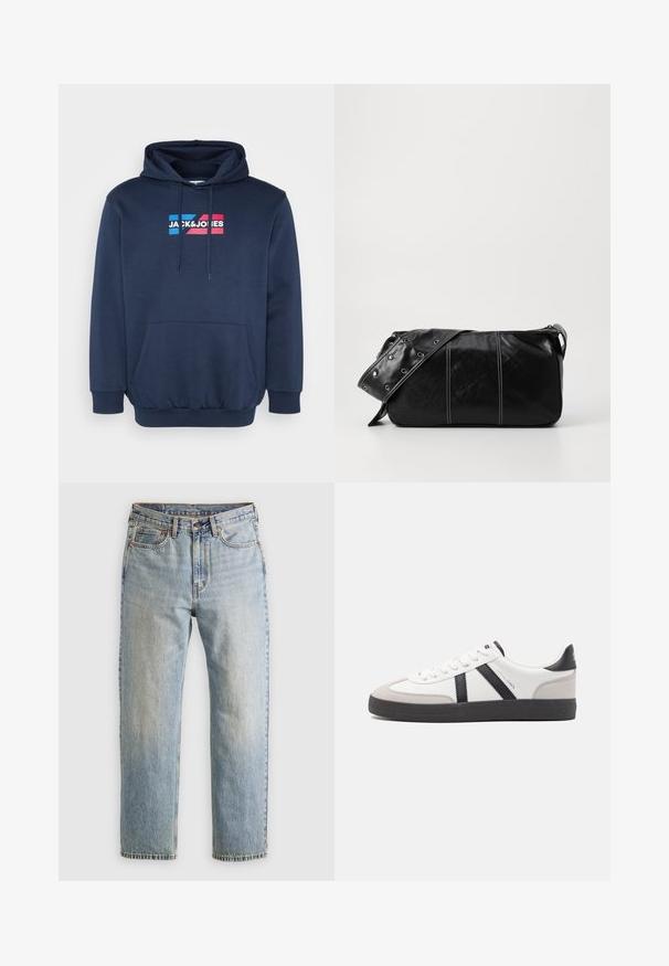 Donkerblauwe hoodie, gemaakt van een katoenmix, met een kangoeroezak en een wit en kleurrijk logo "JACK&JONES" op de borst.; Lichtblauwe denim jeans met hoge taille, frontknop, rits en vijfzakkenontwerp, plat gelegd op een neutrale achtergrond.; Witte sneaker met zwarte en grijze accenten, voorzien van een grijze neus met textuur, zwarte rubberen zool en platte witte veters. Schoon ontwerp, minimalistische stijl.; Zwarte leren schoudertas met een ritsluiting, voorzien van een gestructureerd lichaam, witte stiksels en een band met zilveren oogjes.