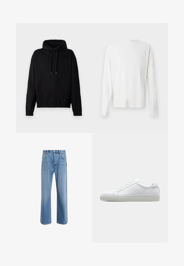 Μαύρο πουλόβερ φούτερ με κουκούλα και κορδόνι, ελαστικούς καρπούς και τελείωμα. Διαθέτει ένα μικρό, τόνο-σε-τόνο λογότυπο στο στήθος. Μαλακή υφή υφάσματος.; Λευκό βαμβακερό πουκάμισο μακρυμάνικο με στρογγυλή λαιμόκοψη, πλαϊνές σχισμές στο κάτω μέρος και λεία υφή, εμφανιζόμενο από πίσω.; Ανοιχτό μπλε τζιν παντελόνι με ευθεία γραμμή, πέντε τσέπες, κλείσιμο με κουμπί, ελάχιστη φθορά και αντίθετες ραφές.; Λευκό αθλητικό παπούτσι με άνω μέρος από λείο δέρμα και χαμηλό προφίλ. Διαθέτει στρογγυλεμένη μύτη, έξι τρυπούλες και υφασμένη καουτσούκ σόλα.