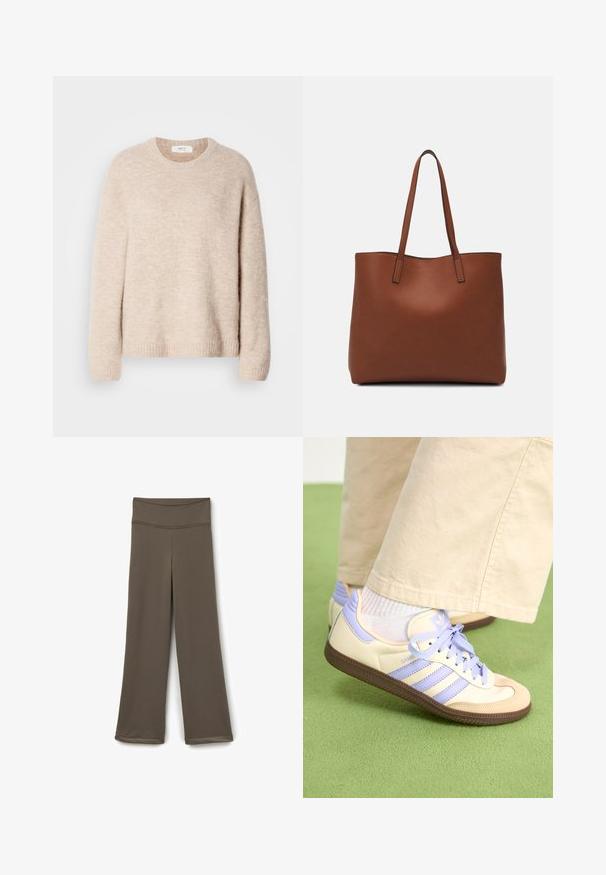 Suéter de punto beige con cuello redondo, mangas largas y dobladillo acanalado. Tejido suave y texturizado con un ajuste relajado.; Pantalones de yoga de pierna ancha en un color verde oliva apagado, confeccionados con una tela suave y elástica y con una cintura alta para mayor comodidad.; Zapatillas de crema y lavanda con tres rayas y una suela marrón texturizada, que cuentan con cordones y un talón acolchado. Parte superior de tela suave.; Bolso tote de cuero marrón con una textura suave, diseño de apertura superior y dos correas para el hombro. Presenta una costura mínima y sin herrajes visibles.