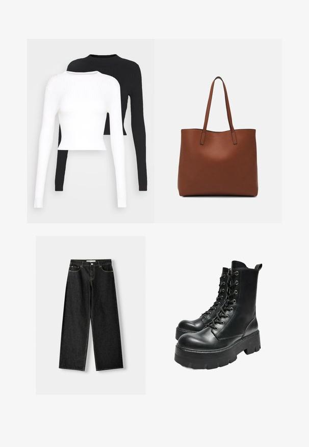 Twee ribbel tops met lange mouwen: één in het wit en één in het zwart, met ronde halslijnen en een crop fit. De textuur is soepel en rekbaar.; Zwarte denim wijde jeans met vijf zakken, metalen knoop en ritsluiting, en contrasterende gele stiksels langs de naden.; Bershka TRACK - Enkellaarsjes met plateauzool - black; Bruine leren tote bag met een gladde textuur, een ontwerp met een open bovenkant en twee schouderbanden. Kenmerkt zich door minimale stiksels en geen zichtbare hardware.