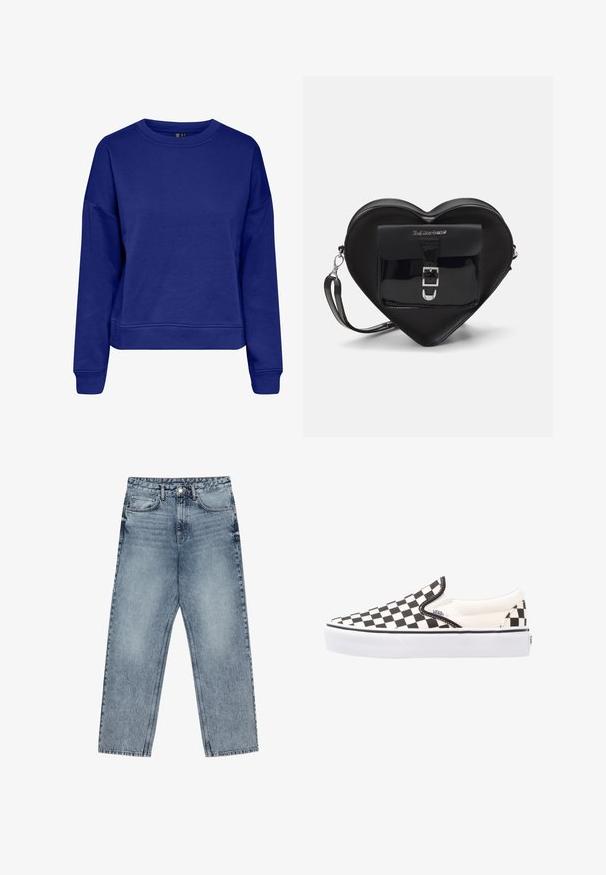 Modrá mikina vyrobená z jemného materiálu, s okrúhlym výstrihom, dlhými rukávmi a voľným strihom s rebrovanými manžetami a spodným lemom.; Svetlomodré džíny s rovnými nohavicami, viditeľným prešívaním, dizajnom s piatimi vreckami a zapínaním na gombík v oblasti pása.; Čierno-biele kárované slip-on tenisky Vans s plátnovým zvrškom, gumovou podrážkou a vypolstrovaným golierom. Rovný, guľatý špička s bielymi akcentmi na podrážke.; Čierna taška v tvare srdca vyrobená z lakovanej kože má predné vrecko so zapínaním na pracku a odnímateľný popruh. Strieborné kovanie.