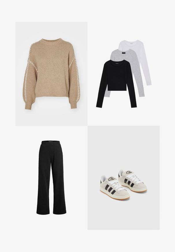 Beežist kettidega kampsun ümmarguse kaeluse ja pikkade varrukatega, millel on tekstureeritud kude ja valged dekoratiivõmblused varrukatel.; Kolm pikkade varrukatega toppi, mis on üksteise peale asetatud: must, hall ja valge. Igal ühel on ümar kaelus ja lühike disain, valmistatud siledast, kergekaalulisest kangast.; Mustad mustad püksid laia säärega, valmistatud pehmest kangast. Omab elastset vööd ja minimaalseid õmblusi mugavuse tagamiseks.; Hallid hallid nahkrennid valgete paeltega, mustade triipudega ja valge kummitaldiga. Omab ümmargust logo keeles ja kummitalda.