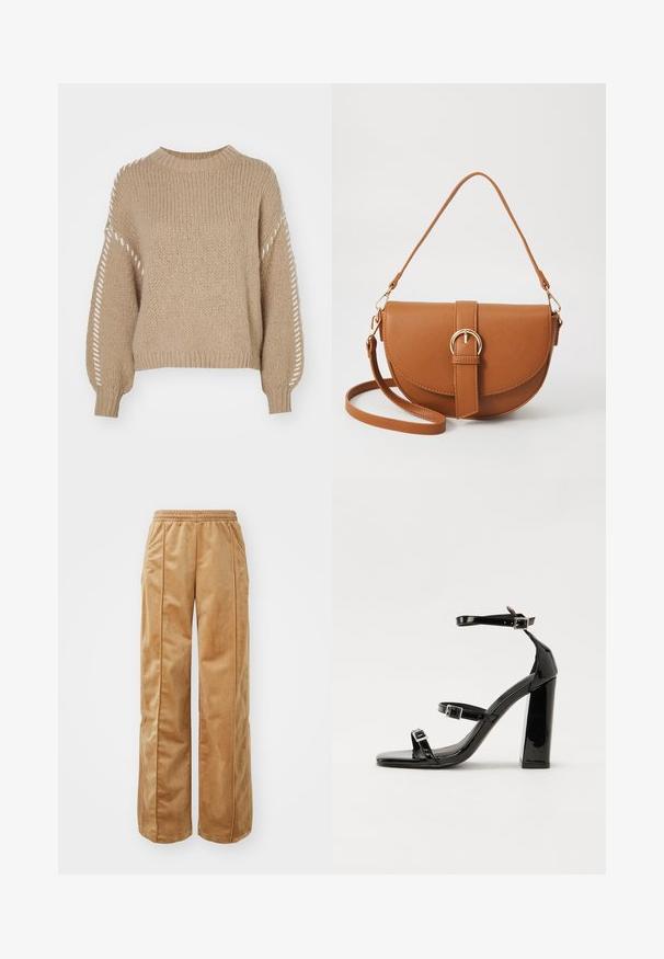 Beige gestrickter Pullover mit Rundhalsausschnitt und langen Ärmeln, aus strukturiertem Stoff und mit weißen dekorativen Nähten an den Ärmeln.; Beigeweite Hosen aus weichem, samtigem Material. Verfügt über einen elastischen Bund und vertikale Nähte an der Vorderseite für zusätzliche Details.; Schwarze patentierte Sandalen mit Absatz, quadratischer Spitze, Knöchelriemen und silbernen Schnallen. Mit einem stabilen Blockabsatz für mehr Stabilität.; Braune Leder-Crossbody-Tasche mit geschwungener Form, goldfarbenen Beschlägen und einer Schnallenakzentuierung. Verfügt über einen abnehmbaren Schultergurt.