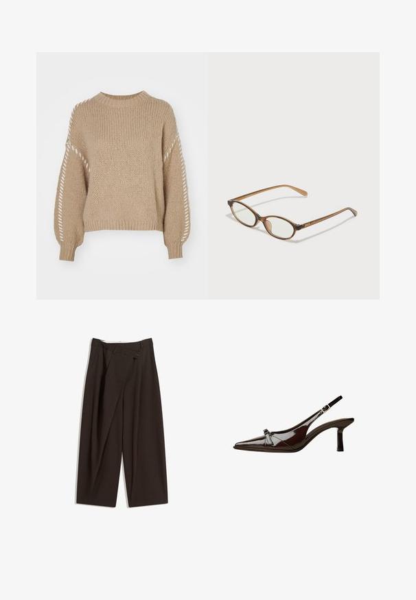 Beige knitted sweater with a round neck and long sleeves, featuring textured fabric and white decorative stitching on the sleeves.; Dark brown wide-leg trousers with a high waist, featuring a single button closure and a pleated front. Made from lightweight fabric.; Brown patent leather slingback shoe with pointed toe, low heel, and a decorative bow accent on the front. Smooth, shiny texture.; Brown tortoiseshell glasses with oval lenses, thin arms, and transparent accents. Features a subtle logo on the temple. Sleek, lightweight design.