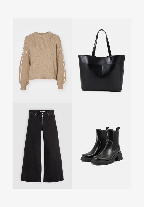 Maglione beige lavorato a maglia con scollo rotondo e maniche lunghe, caratterizzato da un tessuto testurizzato e cuciture decorative bianche sulle maniche.; Jeans a gamba larga in denim nero con chiusura a zip, design a cinque tasche e dettagli di cucitura sottili. Texture morbida e stile casual.; Stivali Chelsea in pelle nera con tacco spesso, pannelli elasticizzati sui lati e cuciture bianche a contrasto. Finitura testurizzata.; Borsa a tracolla in pelle nera con due manici lunghi, una texture liscia e una forma strutturata. Presenta una tasca frontale per ulteriore spazio di archiviazione.