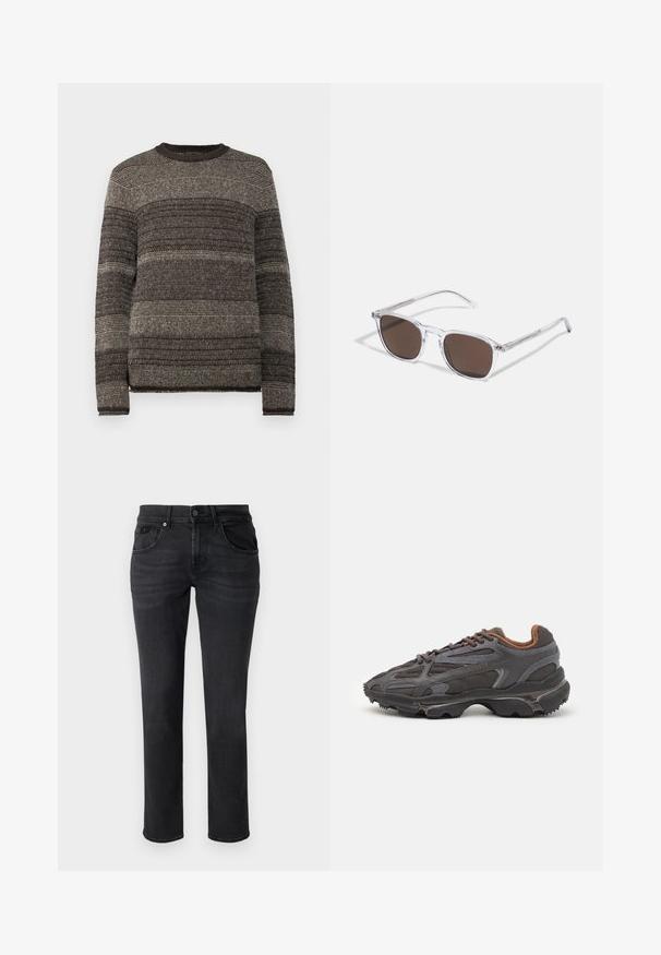 Pullover-Pullover mit Rundhalsausschnitt, strukturierter Strickware und horizontalen Streifen in Grautönen und Braun. Lange Ärmel, gerippte Bündchen und Saum.; Schwarze Jeans aus Denim mit geradem Schnitt, ausgestattet mit Vordertaschen, Gürtelschlaufen und dezenten Waschungseffekten auf dem Material.; Lacoste Sneaker in Dunkelgrau aus Mesh und Synthetikmaterial, mit einer strukturierten Sohle und braunen Akzenten am Kragen und Logo.; Klarer Kunststoff-Sonnenbrillen mit rechteckigen braunen Gläsern, ausgestattet mit dünnen, transparenten Bügeln und Metallakzenten an den Schläfen.