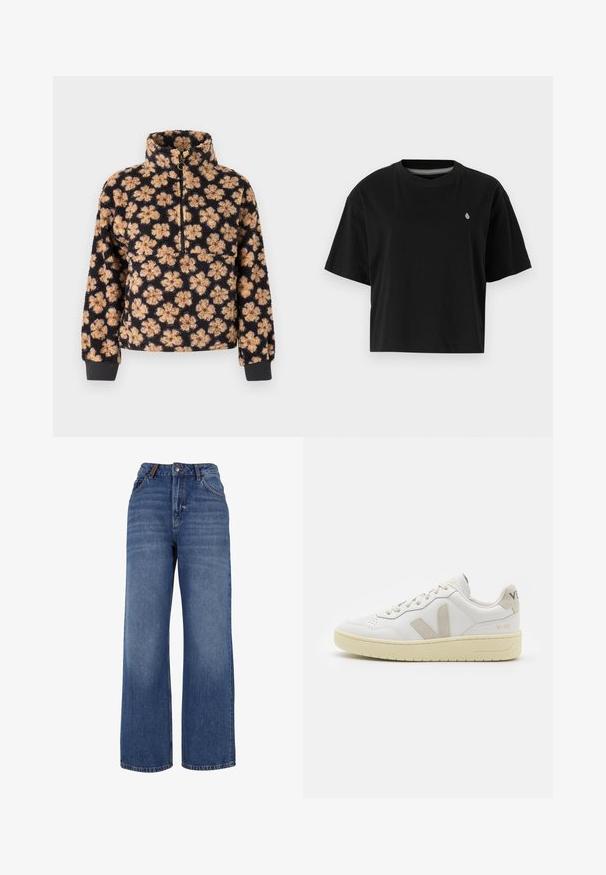 Fekete bolyhos pulóver magas nyakú fazonnal, bézs és barna virágmintával. Cipzáras nyakrésze és bordás mandzsettái a megfelelő illeszkedésért.; Fekete, pamutból készült rövid ujjú, kerek nyakú cropped póló, bal mellen egy kis fehér logóval.; Bőszárú farmernadrág, közepes súlyú kék pamutból készült. Klasszikus öt zsebes dizájn és cipzáras, gombos záródás jellemzi.; Fehér bőr sneaker bézs velúr részletekkel, perforált orr résszel, lapos fűzőkkel és textúrált krémszínű talppal. Finom márkajelzés található a sarkán.