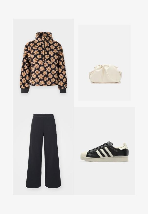 Svart fleecegenser med høy krage, med blomstermønster i beige og brunt. Glidelås i nakken og ribbestrikkede mansjetter for god passform.; Svart bukse med vid benvidde laget av myk stoff, med elastisk midjebånd og en liten logo på venstre side.; Svarte skinnsneakers med hvite striper, gummitopp, svarte lisser og en kremfarget såle. Glatt tekstur med blank finish.; Cremefarget, myk kunstlærveske med samlet design, justerbar stropp og subtil snølås. Glatt tekstur og rund form.