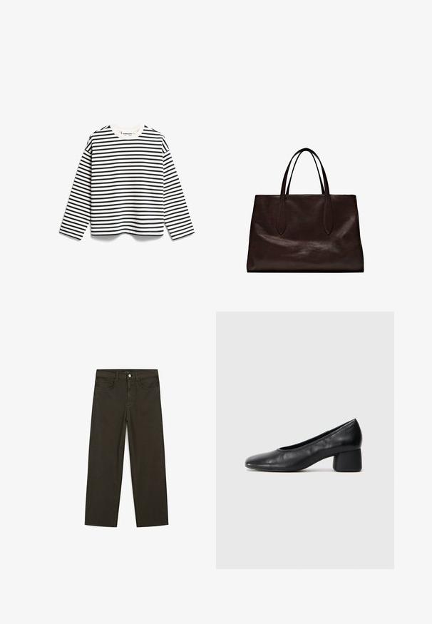 Svart och vit randig långärmad t-shirt med rund halsringning, tillverkad av en mjuk bomullsblandning, med jämnbreda horisontella ränder.; Mörkgröna vida jeans i bomullsblandning, med knäppning fram, fem fickor och klassisk denimstickning.; Svart läderpumpsko med rund tå och medelhög blockklack. Slät textur med minimal detaljering, med en diskret elastisk öppning.; Massimo Dutti Handväska - brown