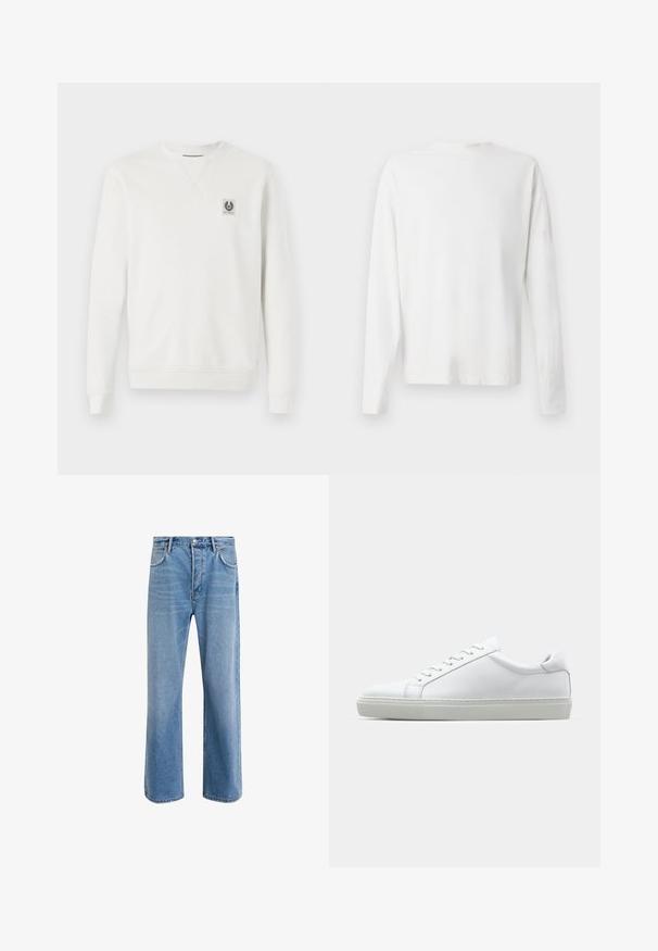 White sweatshirt, cotton fabric, crew neckline, ribbed cuffs and hem, features a small logo patch on the chest, minimalistic design.; Long-sleeved white cotton shirt with a round neckline, side slits at the bottom, and a smooth texture, displayed from the back.; Light blue denim jeans with a straight-leg design, five pockets, button closure, minimal fading, and contrasting stitching details.; White sneaker with a smooth leather upper and a low profile. Features a rounded toe, six eyelets, and a textured rubber sole.