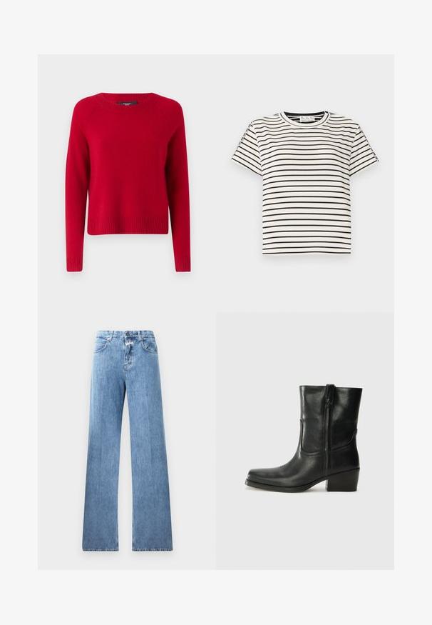 Raudona megzta maikutė su ilgomis rankovėmis, gofruoto dizaino apykakle ir apatine dalimi, pasižyminti klasikinio apvalaus kaklo stiliumi. Lygi tekstūra, laisvas siluetas.; Medvilninis trumpas rankovėmis marškinėliai su apvaliu iškirpimu, su juodomis vertikaliomis juostelėmis ant baltos fono ir tiesiai supjaustytu dizainu.; Šviesiai mėlyni džinsai su plačiomis kojomis, penkiomis kišenėmis, diržo kilpos ir mygtuko užsegimu. Audinys yra lygus.; Juodi odiniai aulinukai iki kulkšnies su apvali nosimi, blokuotais kulnais, šonine užtrauktuku ir siuvimo akcentais ant viršutinės dalies. Lygi tekstūra, klasikinis dizainas.