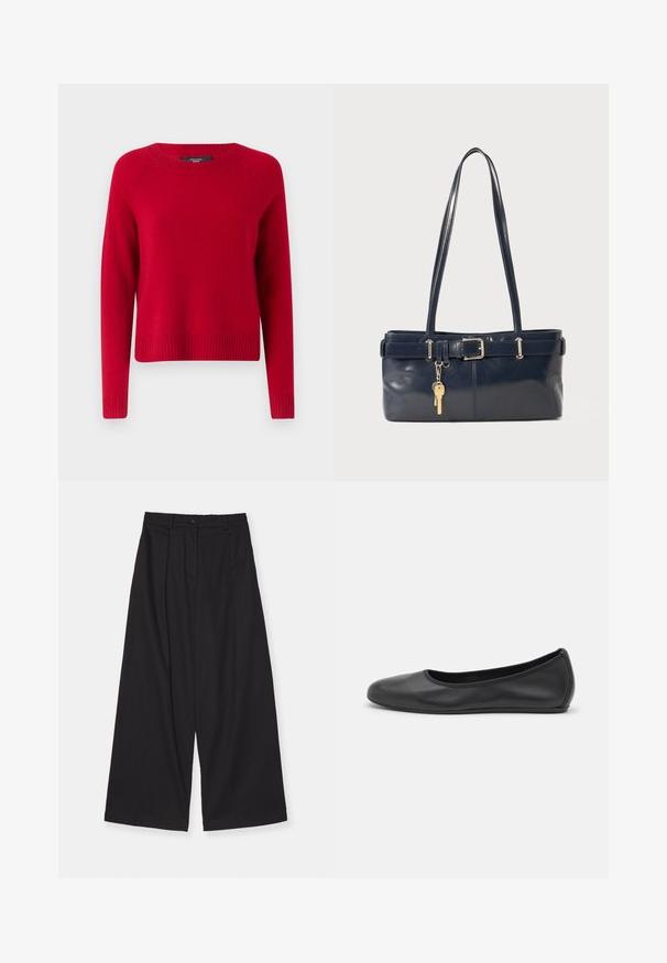 Roter Strickpullover mit langen Ärmeln, geripptem Halsausschnitt und Saum, der ein klassisches Rundhalsdesign aufweist. Glatte Textur, lässige Passform.; Schwarze weite Hosen aus einem glatten Stoff, mit hoher Taille, vorderen Falten, einem Knopfverschluss und einer geraden Silhouette.; Schwarze Leder-Ballettschuhe mit abgerundeter Spitze, glatter Textur, minimalen Nähdetails und einem flexiblen Sohlen-Design.; Marineblaue Lederhandtasche mit zwei langen Griffen, einer Schnallen-Detailierung und einem daran befestigten Schlüsselanhänger. Besitzt eine glatte Textur und eine rechteckige Form.