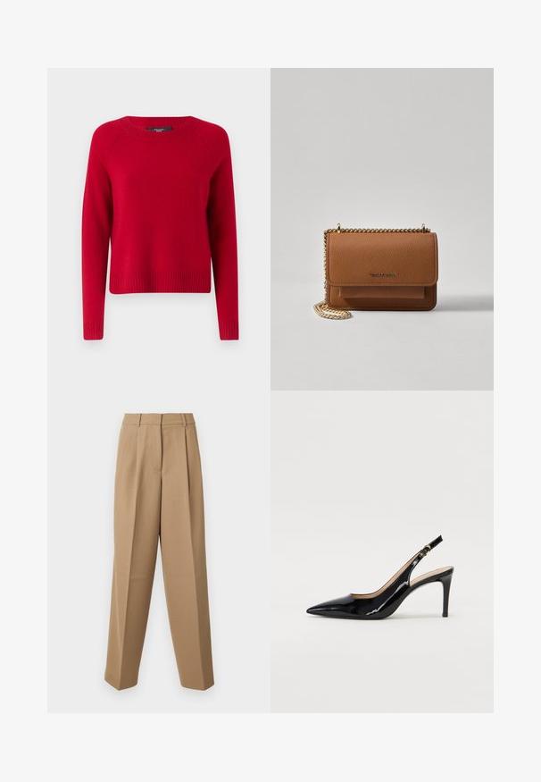 Červený pletený svetr s dlouhými rukávy, žebrovaným výstřihem a lemem, s klasickým designem kulatého výstřihu. Hladká textura, volný střih.; Béžové zakázkové kalhoty s vysokým pasem, na přední straně skladkami a širokým střihem. Tkanina se zdá být hladká s mírným leskem.; Černé lakované slingback lodičky s špičatou špičkou, úzkým podpatkem a jemným výřezem. Obsahují zlatou sponu na řemínku.; Hnědá texturovaná kožená kabelka přes rameno se zlatým řetízkovým popruhem a klopnovým uzavíráním. Přední strana obsahuje detail loga a kapsu pod klopou.