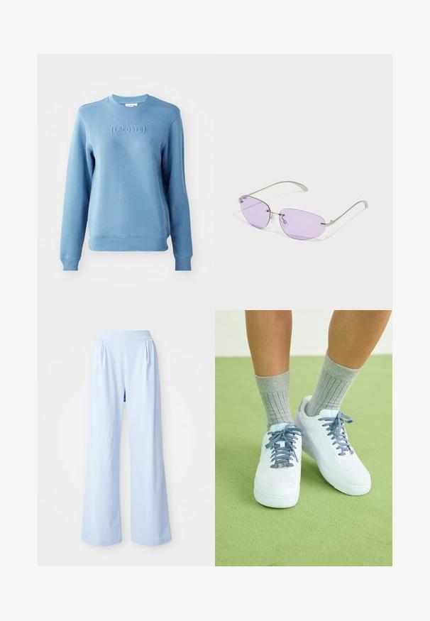 Heled sinine dressipluus ribatud ümmarguse kaelusega ja pikkade varrukatega. Esiküljel on reljeefne "LACOSTE" logo ja tekstureeritud kangas.; Heledad sinised laiad püksid, millel on sile tekstuur, elastne vöökoht ja volditud detailid ees. Valmistatud pehmest kangast.; Valged nahast tennisetooted siniste aktsentide ja augustatud varba disainiga, tekstuuriga sinivalged paelad, kantud hallide ribakudumitega sokkidega.; Ovaalsed lillad läätsed, metallraam ja õhukesed käepidemed. Selged nina padjad ja diskreetne bränding käepidemel.