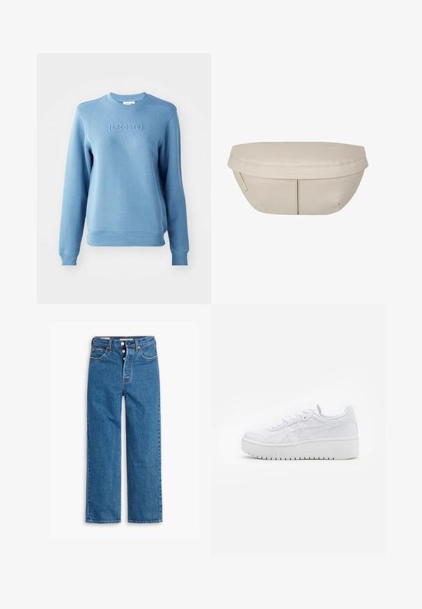 Felpa azzurra chiara con colletto a coste e maniche lunghe. Presenta il logo "LACOSTE" in rilievo sul davanti e un tessuto testurizzato.; Jeans in denim blu con gamba dritta e vita alta, design a cinque tasche e chiusura con bottoni. Cuciture evidenti e rivetti di tonalità rame.; Sneaker piattaforma bianche con texture in pelle liscia, dettagli perforati e lacci piatti; presenta una robusta suola in gomma bianca.; Pochette in tessuto beige dalla forma arrotondata, con parte superiore piatta e dettagli di cucitura sottili. Include un logo minimalista e una strap laterale.