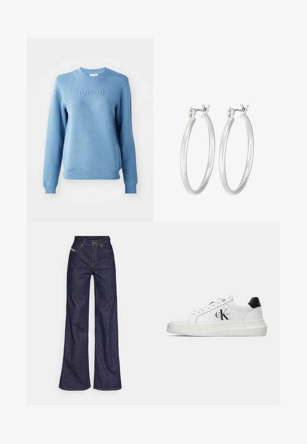 Světle modrý svetr s žebrovaným kulatým výstřihem a dlouhými rukávy. Na přední straně se nachází vyražené logo "LACOSTE" a strukturovaná tkanina.; Tmavě modré džíny s širokým střihem vyrobené z denimové tkaniny, s vysokým pasem, oranžovým prošíváním, pěti kapsami a zapínáním na knoflík.; Bílé nízké tenisky s černým patním tabem, platformovou podrážkou, tkaničkami a logem Calvin Klein "CK" na boku.; Stříbrné kruhové náušnice s hladkým, lesklým povrchem. Kulatý tvar a bezpečné zapínání na klip. Lehký design vhodný pro každodenní nošení.