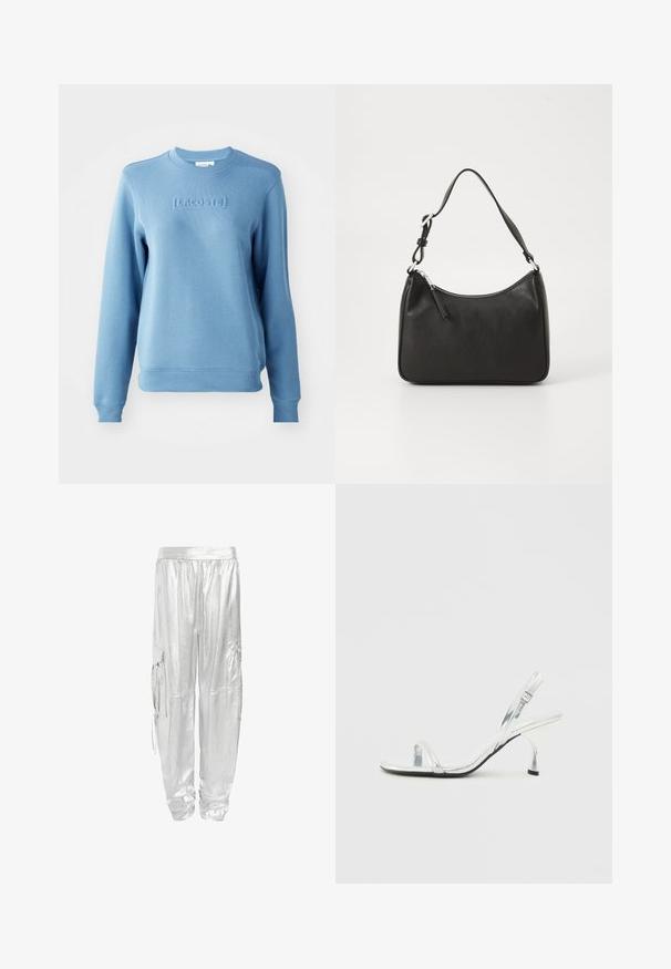 Világoskék pulóver, bordás kerek nyakkivágással és hosszú ujjal. Az elején dombornyomott "LACOSTE" logó található, valamint texturált anyag jellemzi.; Ezüst cargo nadrág fényes, fémes felülettel. Rugalmas derékkal és két oldalsó zsebbel készült a funkció érdekében.; Ezüst lakk bőr slingback magassarkú szandál keskeny lábujj pánttal, állítható csattal és karcsú sarkal.; Fekete bőrtáska ívelt formával, egyetlen pánttal, cipzáras záródással és diszkrét logóval az elején. Simább textúra, minimalista dizájn.