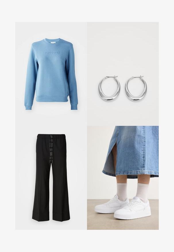 Lyseblå hettegenser med ribbet rund hals og lange ermer. Har preget "LACOSTE"-logo på forsiden og tekstil med struktur.; Svarte, vide bukser med elastisk midje og svart snøring. Laget av glatt stoff uten synlige mønstre eller detaljer.; Hvite joggesko med teksturert lær, med plattformsåle, rund tå og snøring; kombinert med lysegrå ankelsokker og et denimskjørt.; Et par polerte sølv halvmåne hoop øredobber med hengselspenner på hvit bakgrunn.
