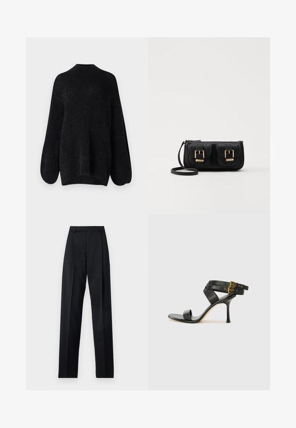 Czarny sweter z dzianiny o wysokim dekolcie, szerokich rękawach balonowych i strukturalnym wykończeniu. Oferuje luźny krój oraz zwężany dół.; Czarne spodnie wykonane z gładkiego materiału, z wysokim stanem, szerokimi nogawkami, fałdami z przodu i klasycznymi szlufkami na pasek. Brak widocznych kieszeni bocznych.; Czarne sandały na obcasie z krzyżującymi się paskami i regulowanym zapięciem. Charakteryzują się gładką teksturą i zwężanym obcasem w kształcie szpilki.; Czarna skórzana torba na ramię z dwoma przednimi kieszeniami, złotymi klamrami, zamkiem błyskawicznym i cienkim paskiem. Teksturowana powierzchnia i kompaktowy prostokątny kształt.
