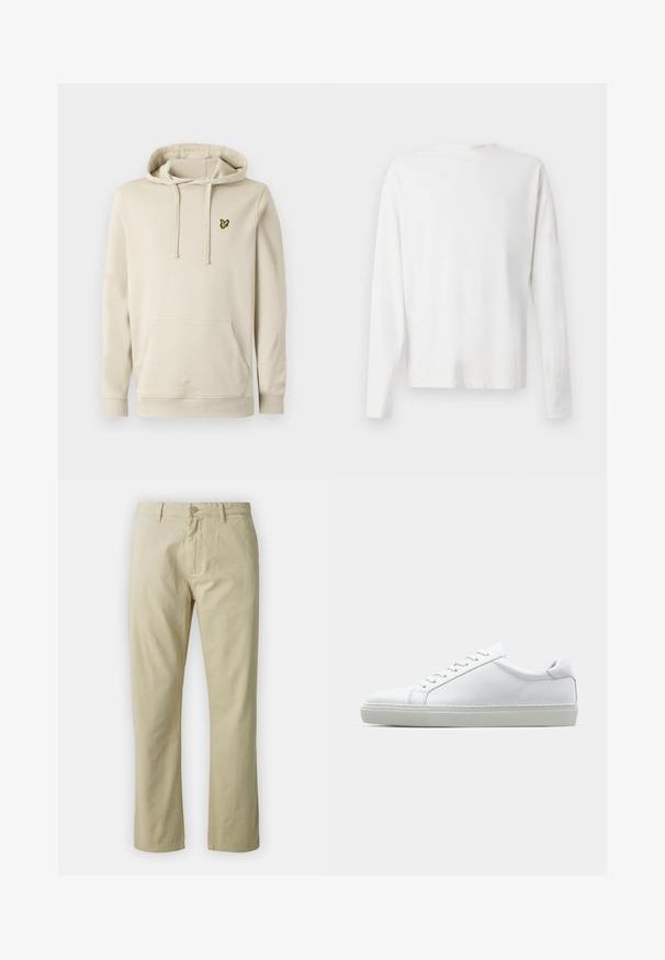 Felpa con cappuccio beige chiaro realizzata in tessuto morbido, con tasca a marsupio frontale, cordini regolabili e un piccolo logo ricamato giallo.; Camicia bianca in cotone a maniche lunghe con scollatura rotonda, spacchi laterali in fondo e una texture liscia, mostrata da dietro.; Pantaloni in cotone beige dal design a gamba dritta, con chiusura frontale a bottone e passanti per cintura. Tessuto liscio, senza motivi o dettagli visibili.; Sneaker bianco con tomaia in pelle liscia e profilo basso. Presenta una punta arrotondata, sei occhielli e una suola in gomma testurizzata.