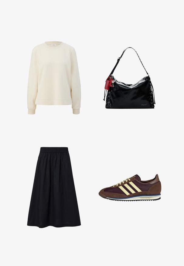 s.Oliver - Bluza; Czarny t-shirt z krótkim rękawem, z wysokim dekoltem i luźnym krojem. Wykonany z miękkiego materiału o gładkiej fakturze. Brak widocznych wzorów czy grafik.; Czarna spódnica do kolan wykonana z lekkiego materiału. Posiada elastyczny pas i prostą, gładką fakturę. Bez widocznych wzorów ani zdobień.; Brązowe i burgundowe sneakersy wykonane z zamszu i siateczkowych materiałów, z trzema kremowymi paskami, teksturowanym materiałem na języku i gumową podeszwą.; Czarna skórzana torebka o luźnym kroju, z koronkowym wykończeniem po bokach i czerwoną metką. Posiada długi, regulowany pasek.
