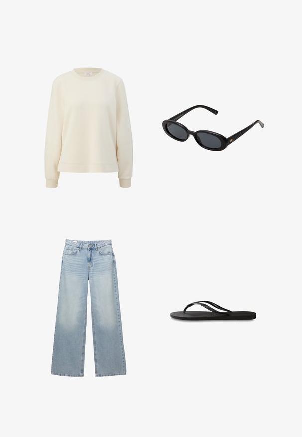 s.Oliver Sweater - beige; Lichtblauwe, wijdvallende jeans van denim. Heeft vijf zakken, riemlussen en een knoopsluiting. Vervaagde wassing met subtiele slijtage.; Zwarte flip-flop met een gestructureerde rubberen zool, twee slanke banden en een subtiele, ingedrukte logo-detail op de band.; Zwarte oversized zonnebril met ovale lenzen, een glad plastic montuur en gouden accenten op de pootjes. Donkere lenzen bieden bescherming tegen de zon.