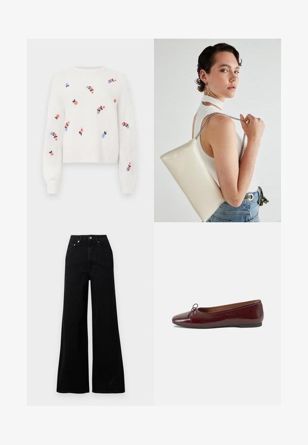 Bijela pletena majica s izvezenim cvjetnim uzorcima u ružičastoj, plavoj i crnoj boji. Ima okrugli izrez i rebraste manšete.; Crne široke traperice od trapera, s visokim strukom, pet džepova, zatvaranjem na gumbe sprijeda i minimalnim šavovima.; Burgundska lakirana balerinka s zaobljenim vrhom, malim mašnom sprijeda i niskom, crnom gumenom potplatu. Glatka tekstura.; Bijela pravokutna torbica s kopčanjem, izrađena od sjajnog materijala, s srebrnim lančićem. Model pozira, prikazujući torbicu na jednostavnoj pozadini.