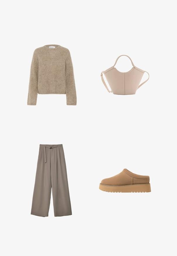 Brown, fuzzy sweater made of soft material, with a round neckline and long sleeves. Simple, cropped design with no visible patterns or accents.; Wide-leg trousers in a soft, muted grey fabric, featuring a belted waist and pleats for added design detail. Smooth texture, no patterns.; Brown slip-on shoes with a soft texture, rounded toe, and a thick, ridged sole. Features subtle stitching on the side.; Beige leather handbag with a unique shape, featuring two short handles and a long adjustable strap. Smooth texture with minimal hardware.