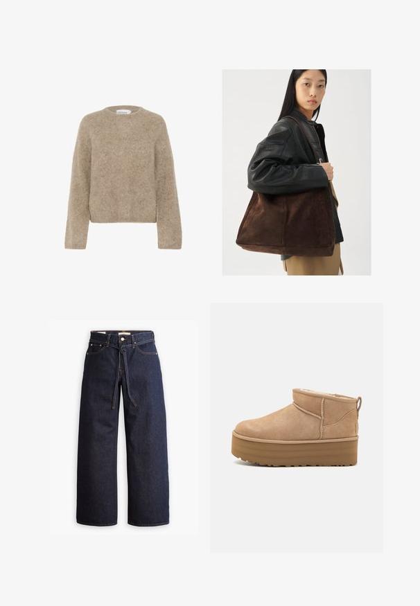 Brauner, flauschiger Pullover aus weichem Material, mit Rundhalsausschnitt und langen Ärmeln. Einfaches, kurzes Design ohne sichtbare Muster oder Akzente.; Weite, dunkelblaue Jeans aus Denim mit hoher Taille, ausgestattet mit einem Kordelzug, fünf Taschen und kontrastierenden Nähdetails.; Beige Wildleder-Ankle Boots mit einem weichen Innenfutter, ausgestattet mit einer Plateausohle und einer Zuglasche hinten für einen einfachen Einstieg. Strukturiertes Gummiprofil.; Braune Wildleder-Tasche mit breiter Form und weicher Textur, ausgestattet mit einem einzigen Tragegurt und minimalem Zubehör vor einem neutralen Hintergrund.