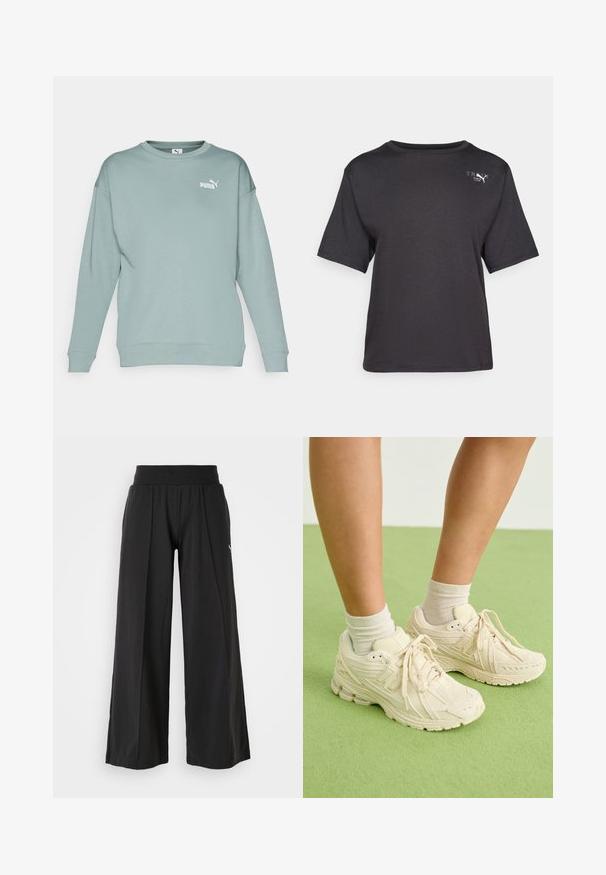 Világoszöld pulóver hosszú ujjakkal, klasszikus kerek nyakkal, és egy kis fehér Puma logóval a bal felső részen. Puha, sima anyagból készült.; Fekete, rövid ujjú póló, puha anyagból készült, kerek nyakkivágással és egy kis logóval a bal felső oldalon.; Fekete, bő szárú nadrág texturált anyagból, elasztikus derékkal és PUMA logóval. Egyszerű dizájn, laza szabással.; Világos bézs sportcipők texturált anyaggal, kerek orral és párnázott talppal. Bézs bokazoknival viselve, zöld felületen.