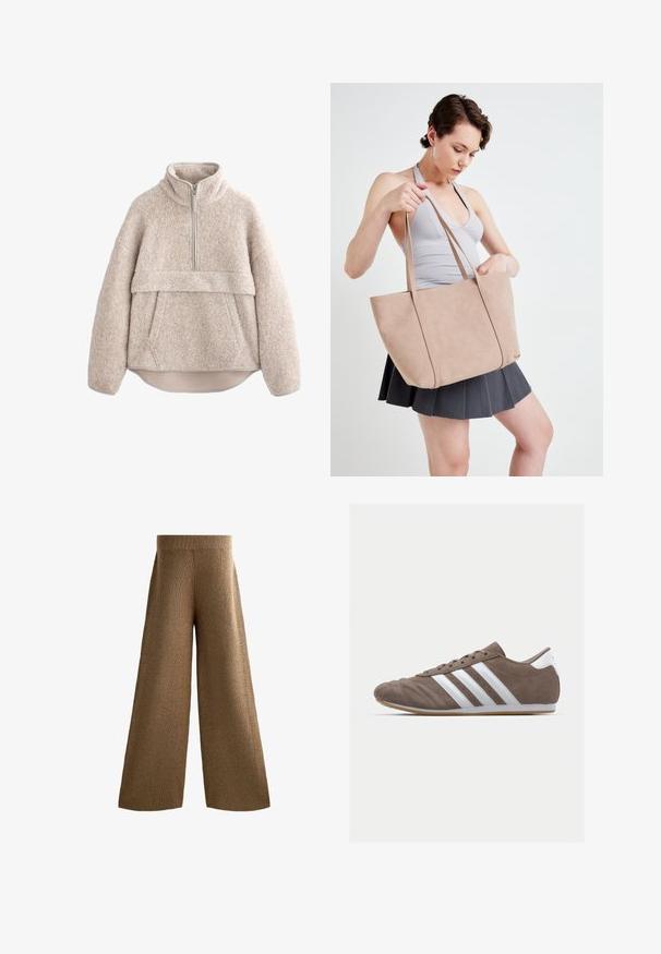 Beige, strukturierter Fleece-Pullover mit hohem Kragen, halblangem Reißverschluss und Fronttasche. Verfügt über weite Ärmel und einen abgerundeten Saum.; Braune, weit geschnittene Strickhose mit geripptem Bund, strukturiertem Stoff und seitlichen Nähten, die bis zum Saum verlaufen und einen lässigen Sitz bieten.; Braune Wildleder-Sportschuhe mit weißen Streifen, runder Zehenform, Schnürdesign und Gummisohle. Strukturiertes Obermaterial mit Nahtdetails.; Beige Faux-Leder Tragetasche mit zwei Trägern, rechteckiger Form und glatter Textur. Die Tasche hat ein einfaches, minimalistisches Design.