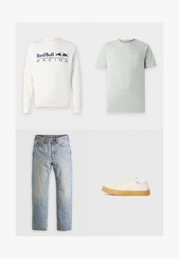 Biała bluza z długim rękawem z napisem "Red Bull Racing" i dwoma czarnymi logo byków na środku klatki piersiowej.; Jasnoszara koszulka typu T-shirt z krótkim rękawem i okrągłym dekoltem, wyeksponowana na białym tle, widok z przodu bez widocznych logo czy wzorów.; Jasnoniebieskie dżinsy z wysokim stanem, z guzikiem z przodu, zamkiem błyskawicznym i pięcioma kieszeniami, ułożone na płasko na neutralnym tle.; Płócienne sneakersy w odcieniu ecru z okrągłym noskiem, charakteryzujące się beżowymi gumowymi podeszwami i pięcioma otworami na sznurówki, z teksturowanym wykończeniem cholewy.