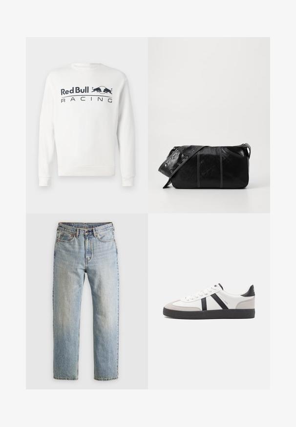 Hanorac alb cu mâneci lungi, cu textul "Red Bull Racing" și două logo-uri cu tauri de culoare neagră, centrate pe piept.; Jeans din denim de culoare albastru deschis, cu talie înaltă, nasture frontal, fermoar și design cu cinci buzunare, așezate platesc pe un fundal neutru.; Sneaker alb cu accente negre și gri, având un capac de vârf gri texturat, talpă din cauciuc negru și șireturi plate albe. Design elegant, stil minimalist.; Geantă de umăr din piele neagră cu închidere cu fermoar, având un corp texturat, cusături albe și o curea cu ochiuri argintii.