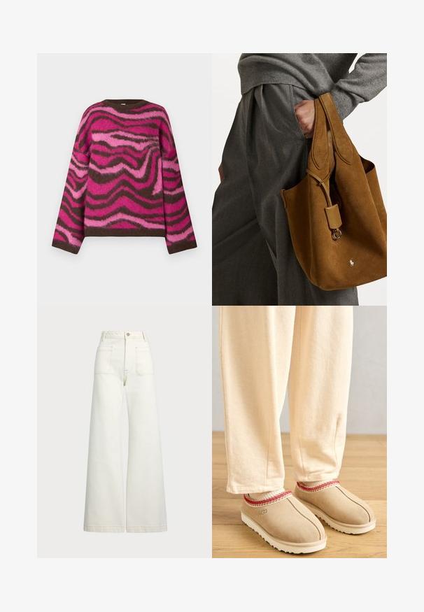Gebreide trui met ronde hals en lange mouwen in bruin, felroze en lichtroze met een zwierend zebra-achtig patroon.; Wijd-zit jeans van off-white denim. Hooggaande taille met een knoopsluiting, twee voorzakken en contrasterende stikdetails.; Tansuède klompen met een rode decoratieve rand en een witte rubberen zool, gecombineerd met lichtbeige broeken, geplaatst op een houten vloer.; Bruine suède tote bag met een ronde vorm, dubbele handvatten en een metalen hardware accent. Heeft een klein logo aan de voorkant.