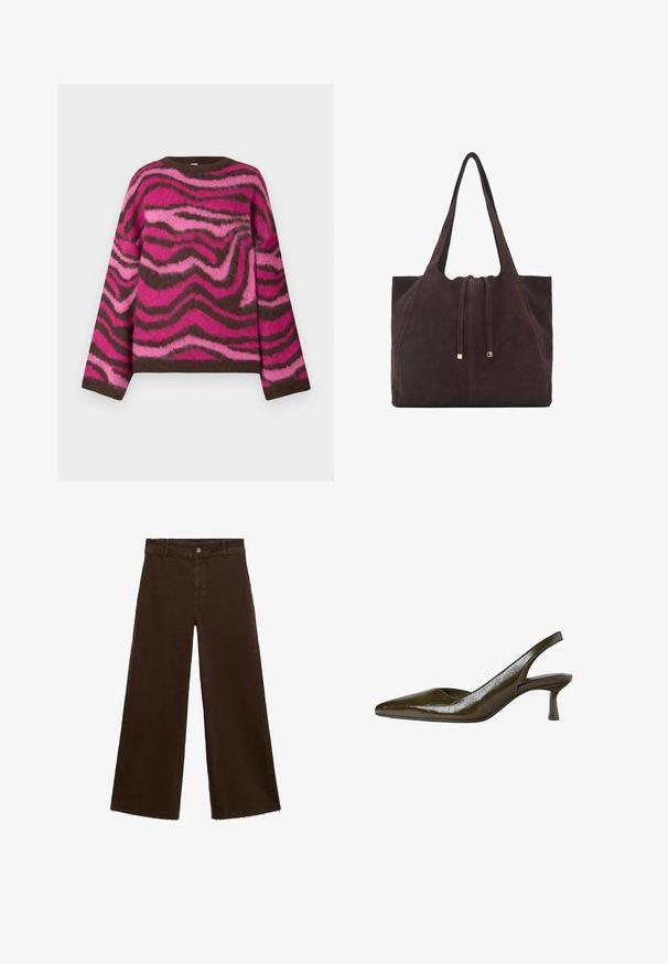 Pletený svetr s kulatým výstřihem a dlouhými rukávy v hnědé, zářivě růžové a světle růžové barvě s vířícím vzorem připomínajícím zebru.; Hnědé kalhoty širokého střihu z bavlněné směsi, s třepicí na lemu, předním zapínáním na knoflík a klasickým designem pěti kapes. Minimalistické a univerzální.; Olivově zelené slingback lodičky s špičatou špičkou a nízkým, štíhlým podpatkem. Lesklý povrch s mírně zvrásněným vzhledem.; Mango Velká kabelka - dark brown