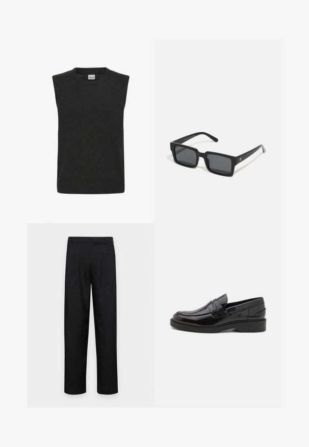 Maglione senza maniche in grigio scuro, con scollatura rotonda e una texture morbida. Design semplice senza motivi o accenti visibili.; Pantaloni neri realizzati in tessuto liscio, caratterizzati da un taglio dritto, due pieghe frontali e una vita standard con passanti per la cintura.; Mocassini in pelle nera con finitura liscia, punta arrotondata, tacco basso e cuciture decorative lungo la parte anteriore. Suola in gomma per una migliore aderenza.; Occhiali da sole neri rettangolari con lenti scure; realizzati in plastica, con una finitura liscia, montature spesse e un logo discreto sul lato.