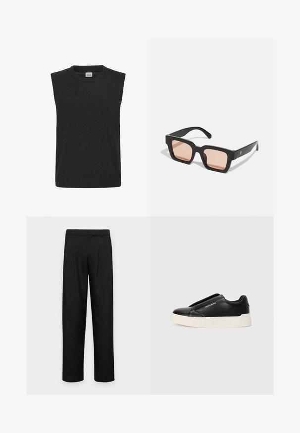 Pull en tricot sans manches gris foncé, avec un col rond et une texture douce. Design simple sans motifs ou accents visibles.; Pantalons noirs en tissu lisse, avec une coupe droite, deux plis avant et une taille standard avec passants de ceinture.; Baskets noires à enfiler avec un dessus en cuir texturé, semelle en caoutchouc blanche et sans lacets visibles. Présente le logo de la marque sur le côté.; Lunettes de soleil en plastique noir avec des montures rectangulaires et des verres teintés rose clair. Présente un logo en accent sur le côté.