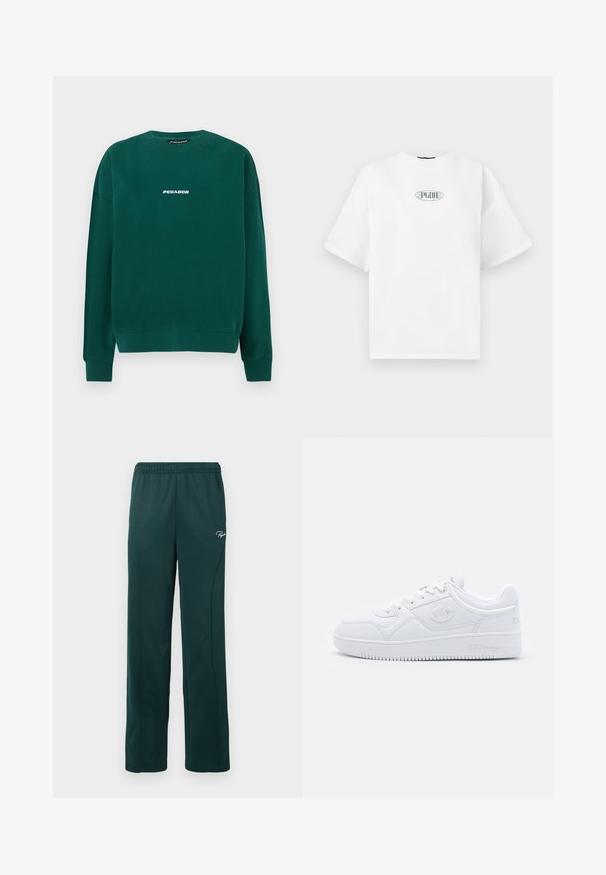 Sweatshirt verde em algodão, com decote arredondado, punhos canelados e um logo branco "PEGADOR" na frente.; T-shirt branco de manga curta feito de algodão, apresentando um logótipo gráfico em verde dentro de uma forma oval no centro do peito.; Calças de fato de treino verde-escuras feitas de um tecido macio, apresentando uma cintura elástica e costuras laterais, com um pequeno logótipo à frente.; Sapatilha branca feita de material sintético liso, com bico arredondado, sola plana e discretos detalhes do logótipo nas laterais. Design clássico de cano baixo.
