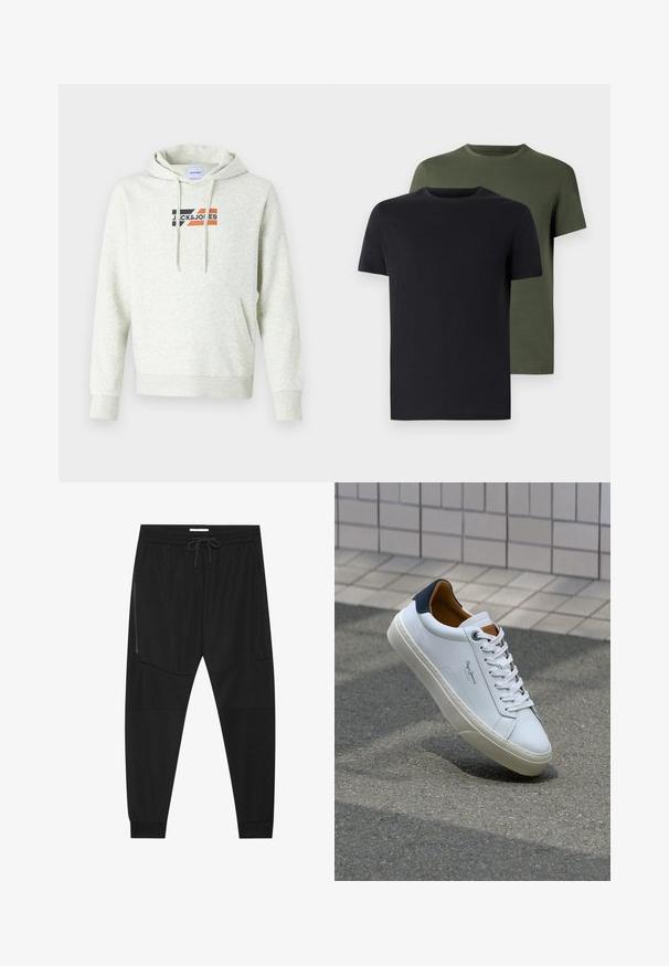 Huppari vaaleanharmaana, jossa on etutasku, nyöritetty huppu ja painettu "JACK & JONES" -logo, jossa on mustia, oransseja ja punaisia korostuksia.; Kaksi miehen kaula-aukolla varustettua t-paitaa mustana ja oliivinvihreänä, valmistettu pehmeästä puuvillakankaasta. Suunnittelu on yksinkertainen, lyhyet hihat ja suora leikkaus.; Mustat urheiluhousut, jotka on valmistettu teksturoidusta kankaasta. Housuissa on säädettävä vyötärö, vetoketjullinen sivutasku ja kapenevat hihnat.; Valkoinen nahkakenkä, jossa on tummansininen kantapää, pyöreä kärki ja ristikkäiset ruskeat korostukset. Varustettu tasapaksuilla nauhoilla ja teksturoidulla kumipohjalla.