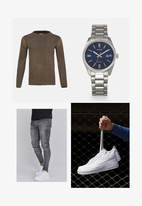 Pruunide ja mustade triipudega pikkade varrukatega särk, millel on ümmargune kaelus, ribakujuline tekstuur ja sirge äär. Valmistatud pehmest kudumismaterjalist.; Kitsad teksad tuhmhall denimil, millel on kulunud detailid põlvedes, koos valgete tossudega. Sile tekstuur, kitsas lõige.; Valged nahast tennisetossud, millel on perforatsioonid, ümar nina, lame tallus ja paksud nöörid, nähtava swooshi logoga ja "AIR" kontsadel.; Hõbedane roostevabast terasest käekell, tumesinise lõpliku, metallsete tuntud numbrite ja kuupäevanäidikuga kell 3 juures. Veekindel kuni 50 meetrit.