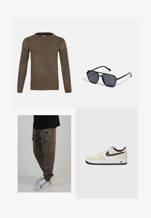 Brown and black striped long-sleeve sweater with a crew neck, ribbed texture, and a straight hem. Made from soft, knitted material.; Brown cargo pants with multiple pockets, drawstring waist, and tapered cuffs. Paired with white sneakers featuring a gray accent.; Sneakers with a light beige suede and white leather upper, black Nike swoosh, black accents, and a white rubber sole featuring "AIR" branding.; Black sunglases with octagonal frame, dark lenses, glossy finish, thin temples, and gold accents on the front.